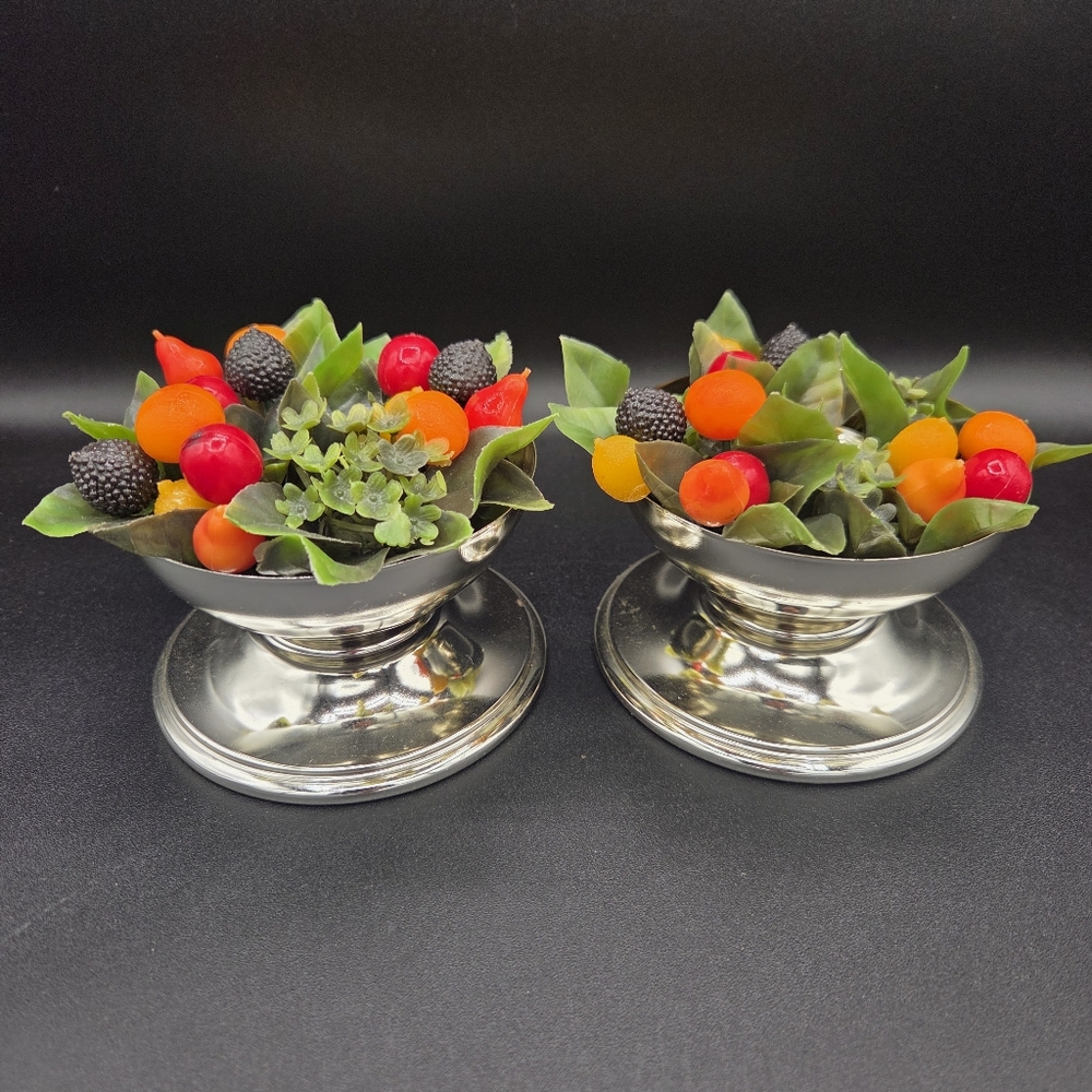 Vintage Silvertone Candle Holders with Colorful Faux Fruit Accent- Set Of 2